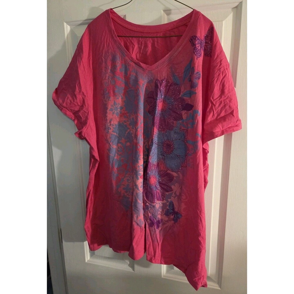 Pink Plus Size 5xl Butterfly And Flower T-shirt Double Stitched Tee